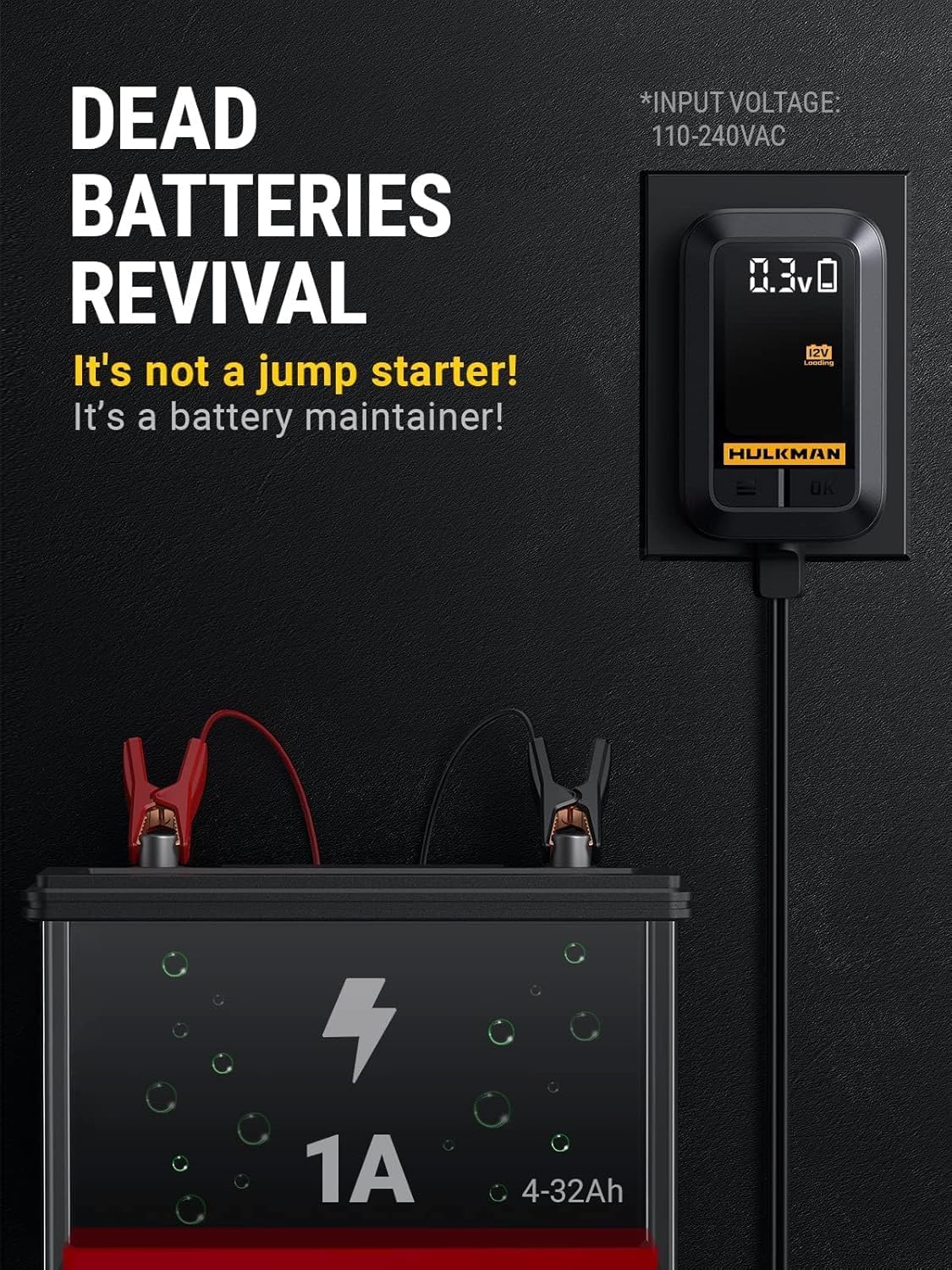 HULKMAN Sigma 1 Car Battery Charger - 1A 6V/12V Automatic Smart Trickle Charger, Battery Maintainer, and Desulfator with Intelligent Interface