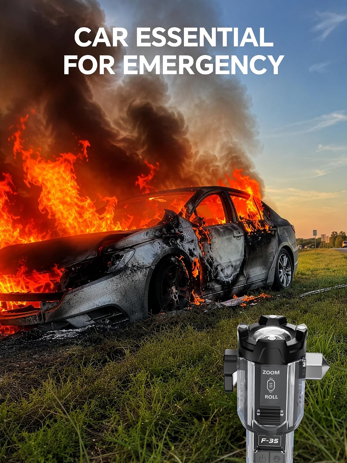 Yemao Car Emergency Flashlight with Seatbelt Cutter & Window Breaker, Tactical EDC Light with Alarm, Focusable Main Beam, Side Work Light, Red Blue Strobe Warning Light for Vehicle Self-Rescue