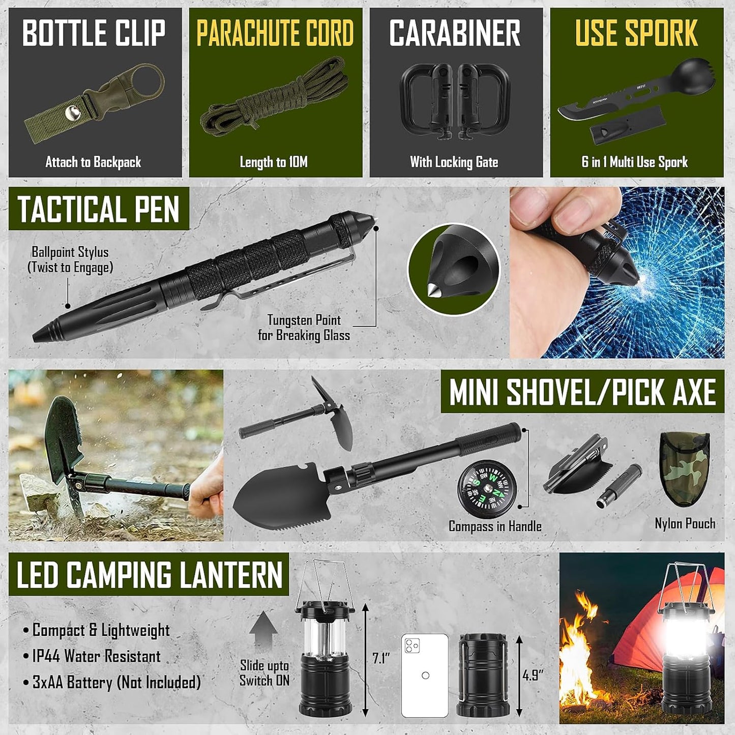 Survival Kit, 268 Pcs Emergency Survival Gear and Equipment Supplies with First Aid Kit, Camping Axe, Headlamp, Crossbody Bag for Camping Hiking, Hunting, Gift for Christmas Men, Dads,