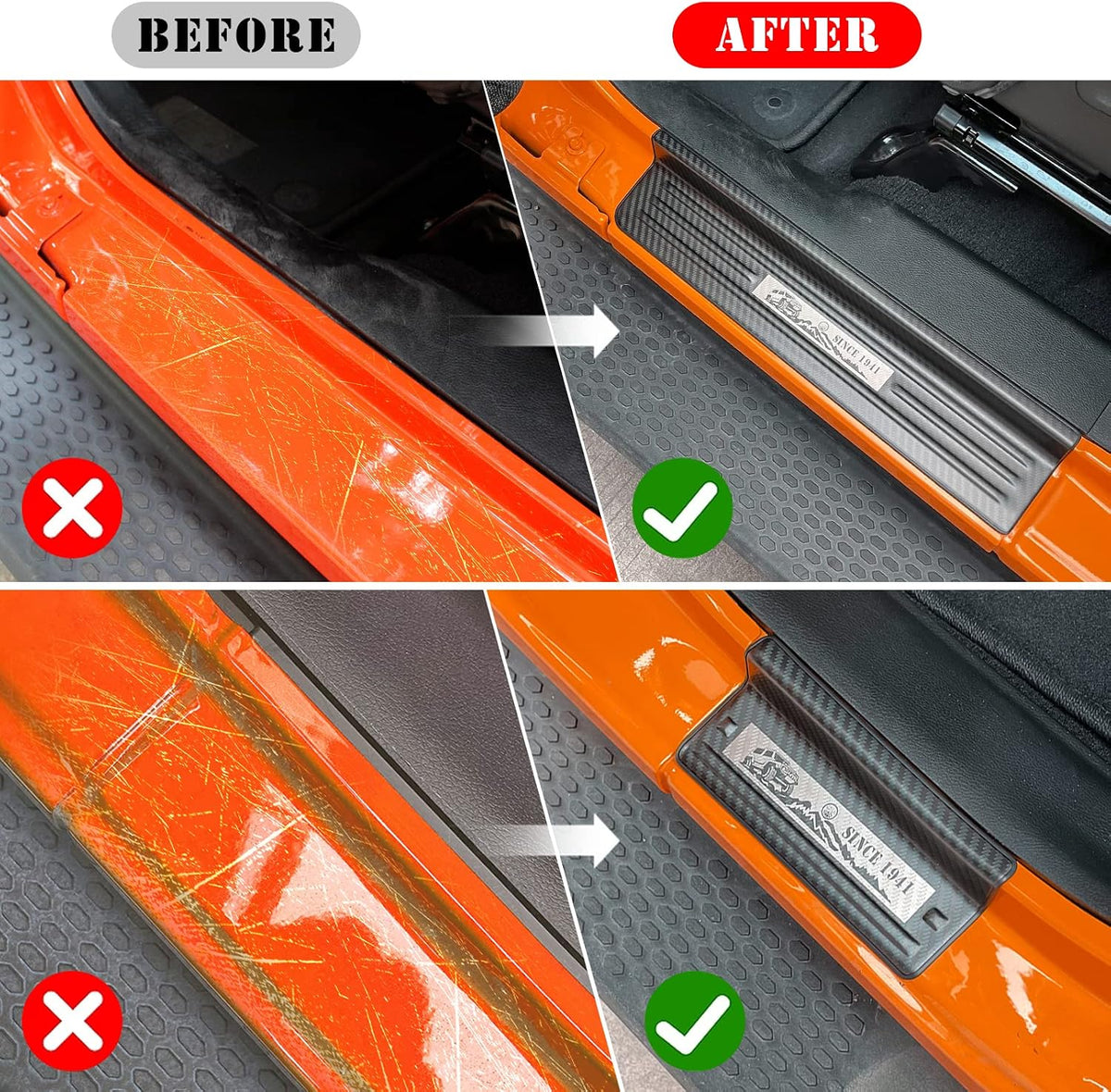 Rowa Door Sill Guards for Jeep 2018-2026 Wrangler JL JLU & 2020-2026 Gladiator JT, Carbon Fiber Pattern 304 Stainless Steel Door Entry Guard Full Coverage for Door Sill Protector (Patent Design)