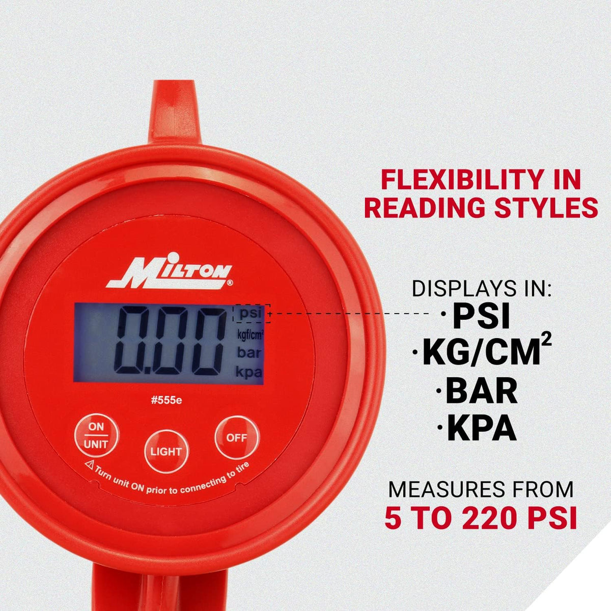 Milton 555e: Precision Digital Tire Inflator, Air Pressure Gauge, Grip-Head Air Chuck, 20" Hose, 1/4" Npt, W/Extreme ± 0.1& Accuracy, 10-120 Psi