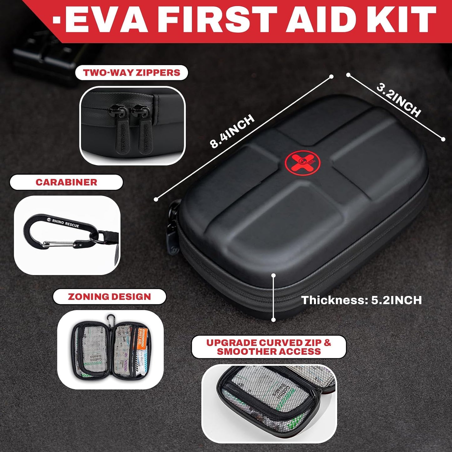 RHINO RESCUE EVA First Aid Kit, Small Waterproof Backpack Emergency Hiking First Aid Kit for Backpacking, Medical Kit for Travel, Home, Car, College Dorm, Camping, Boat, Back to School (Black)