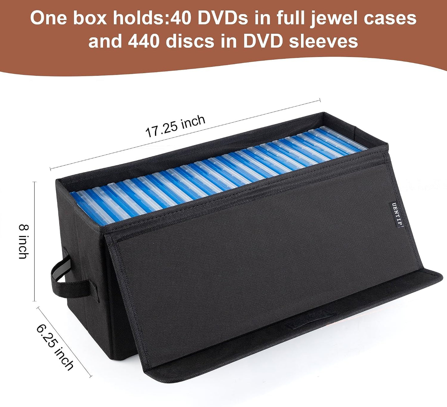 UENTIP DVD Storage Boxes-Pack of 2 DVD CD Case Storage, For Car Home Travel | DVD Holder, 17.25"x6.25"x8", Foldable Container with Lid, Holds 40 Full Jewel Case DVDs, 80 Slim Case DVDs, 200 Sleeved Discs
