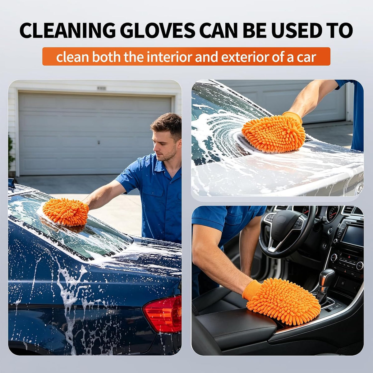 57'' Car Wash Brush with Long Handle Chenille Microfiber,3-in-1 Car Wash Mop Mitt Kit, Car Detailing Brush Cleaning Kit Window Squeegee for Cars RV Truck Boat