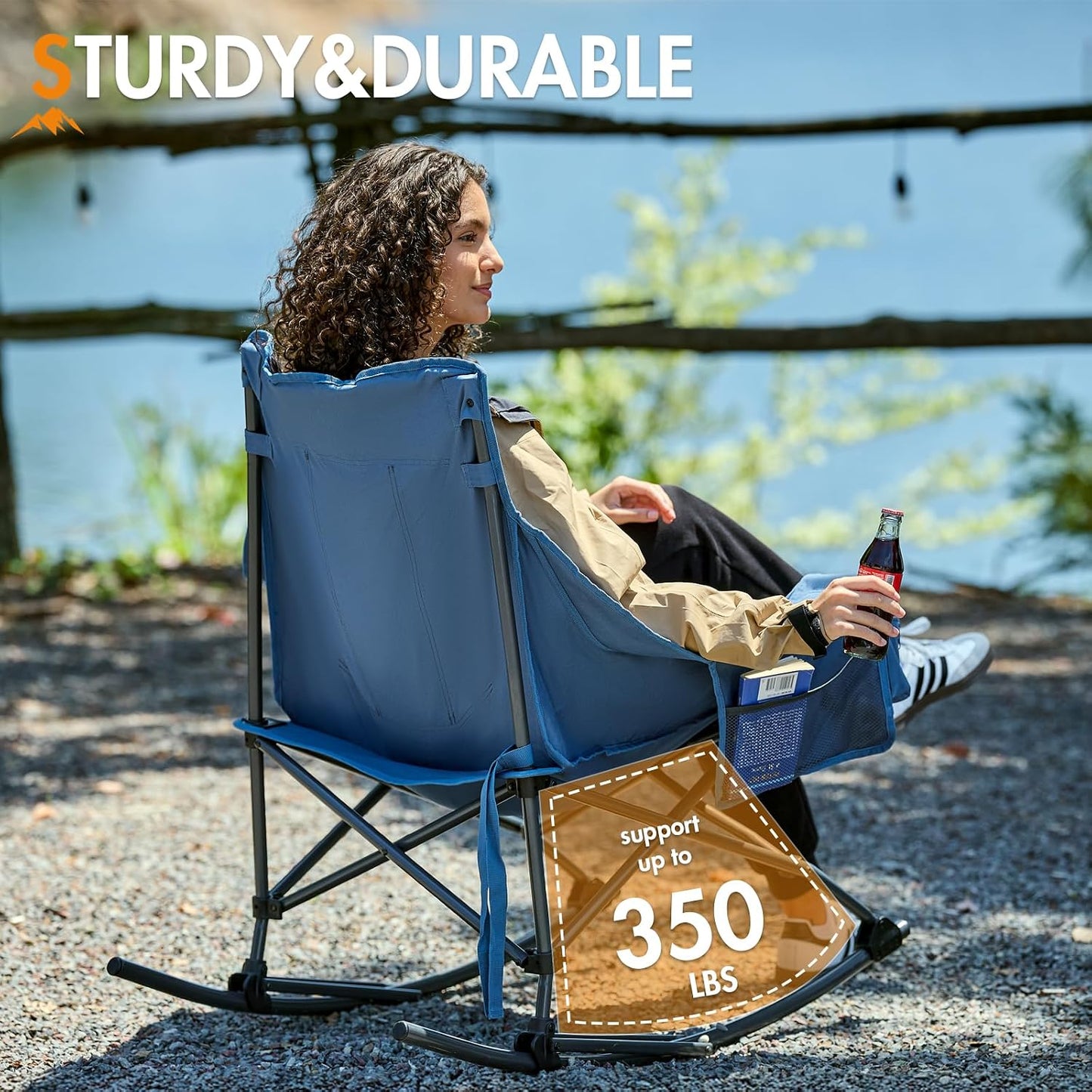 Portal Outdoor Rocking Chair Camping Folding Portable Rocker with Cup Holder Side Pocket Carry Bag, Support 350LBS, Blue