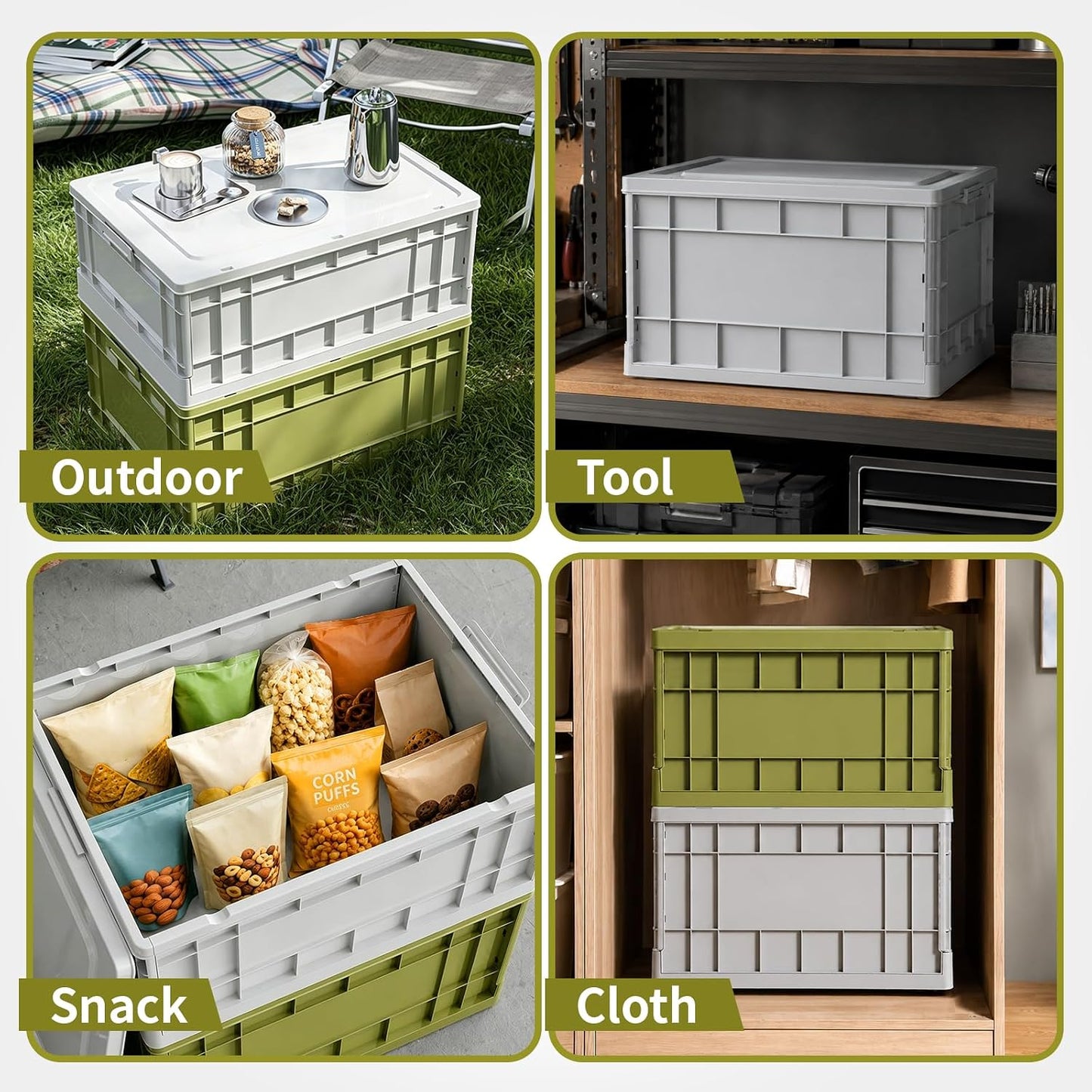 Stackable Storage Bins with Lids, 58L Collapsible Storage Bins with Wheels, Heavy Duty Folding Containers,Totes for Organizing Tools, Snacks, Books, Drinks, Camping & Transport (1 Pack)