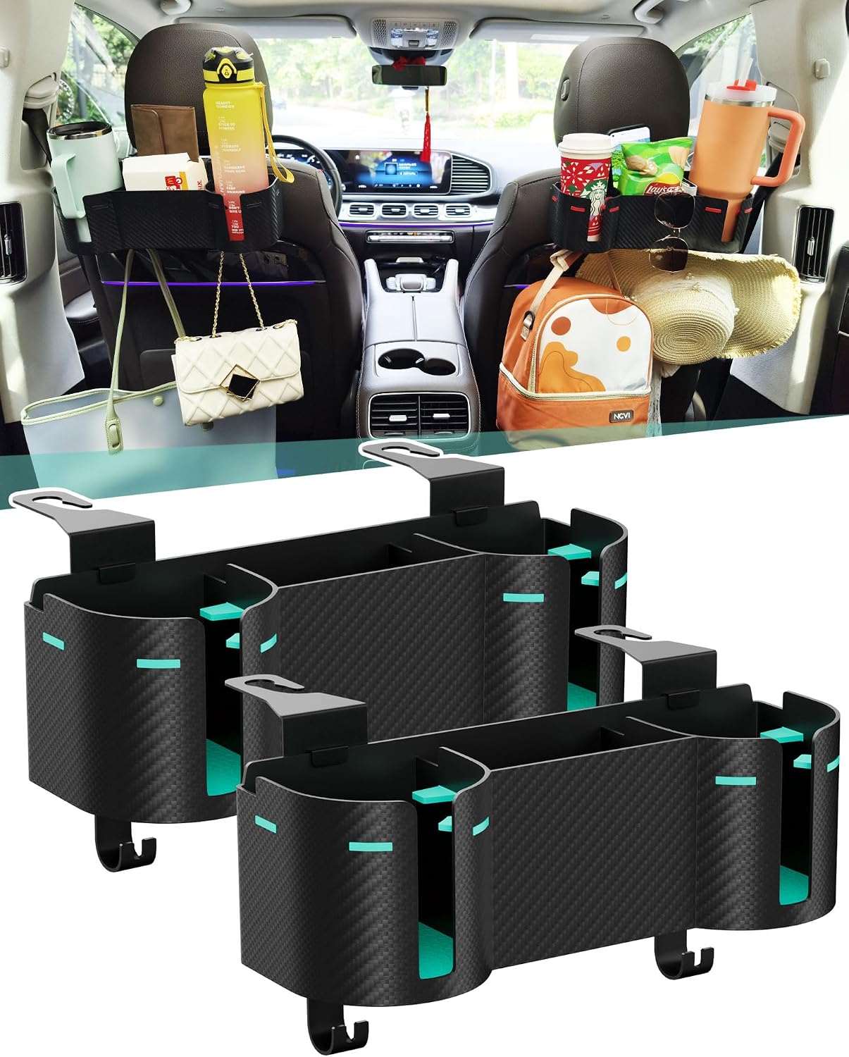 Car Headrest Backseat Cup Holder 3.7" with Organizer, High Capacity 4 in 1 Seat Back Organizer with Headrest Hooks, Multifunctional Storage for Car Travel Accessories Compatible with Most Vehicles