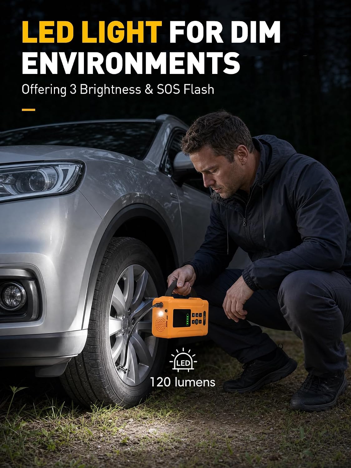 Tire Inflator Portable Air Compressor 160 PSI Air Pump for Cars 8000 mAh & 12V DC Dual Powered Fast 30L/min, Digital Tire Pressure Gauge, LED Lights, 5 Modes Presetting, Auto Shut-off