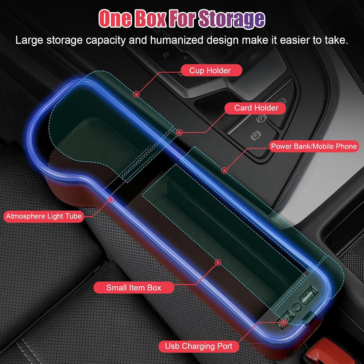 2PCS LED Car Seat Gaps Filler Organizer,Front Seat Gaps Filler, Car Seat Organizer with Ambient Light, USB Charger for Multifunction Storage Box for Holding Phone, Sunglasses