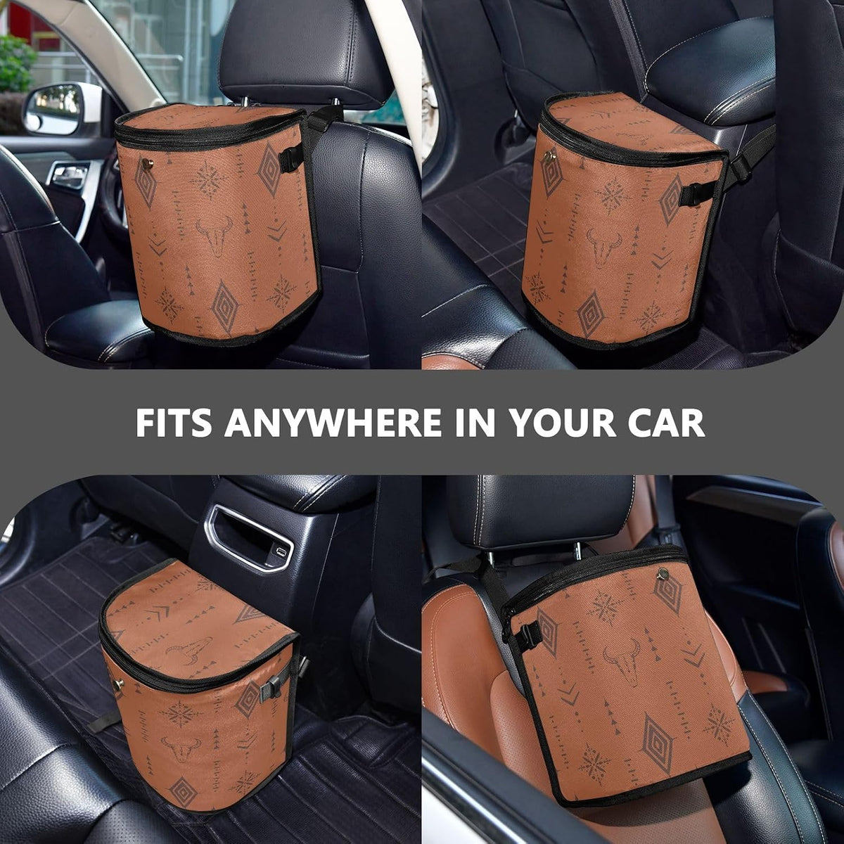 Western Bull Boho Car Trash Can with Lid Leak Proof Car Trash Bag Waterproof Trash Bin Hanging for Minivan SUV Truck