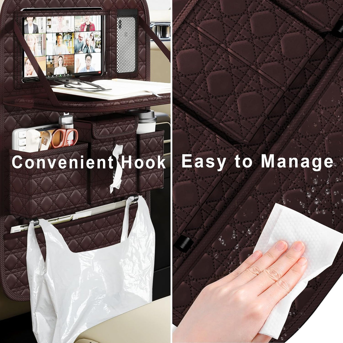 GMQ Backseat Car Organizer 1 Pack, Car Back Seat Organizers with Tray,Multifunctional Car Seat Back Organizer with Foldable Tablet Holder (Coffee Brown, 1 PC)