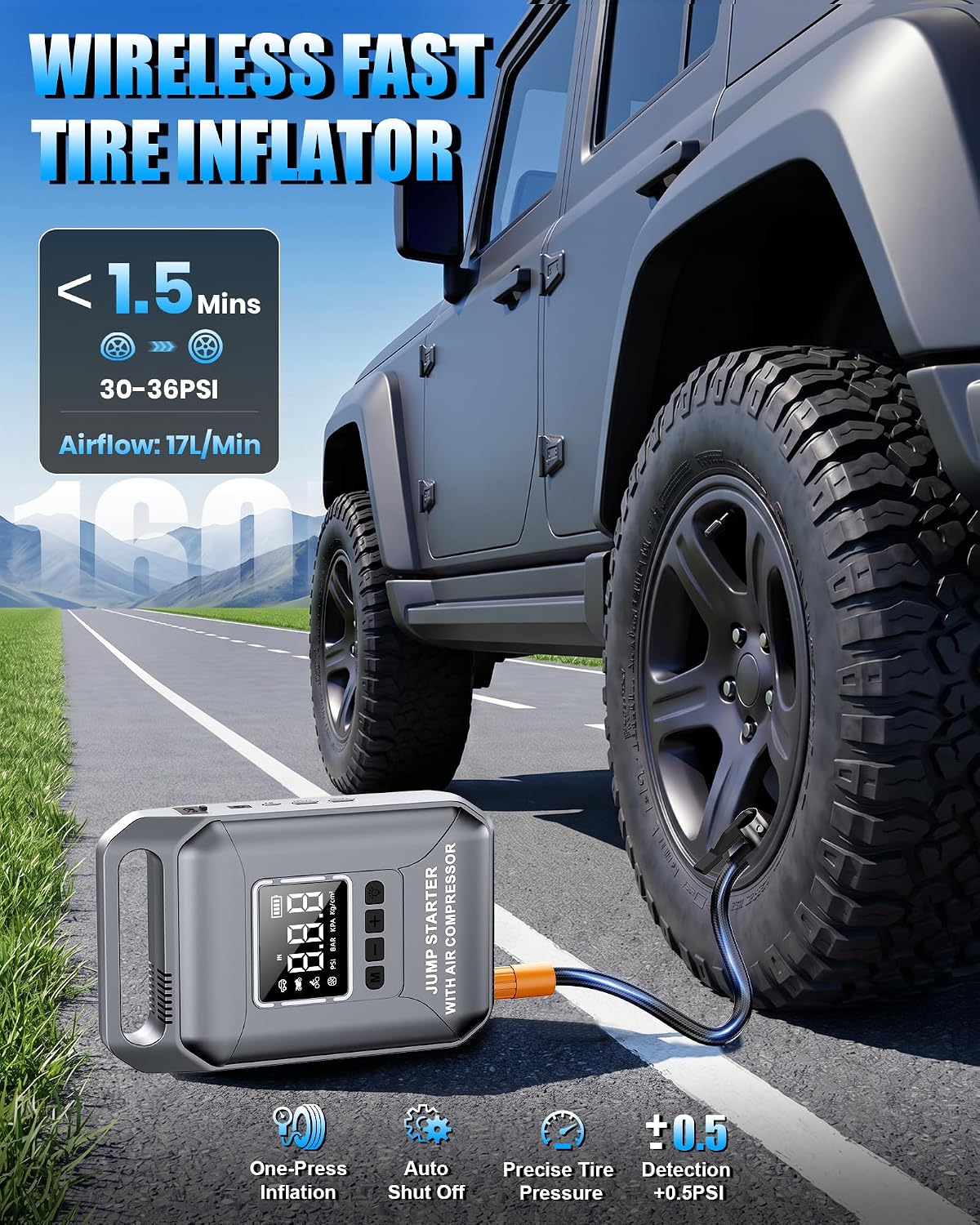 Car Battery Jump Starter with Air Compressor Portable 8000A 160PSI