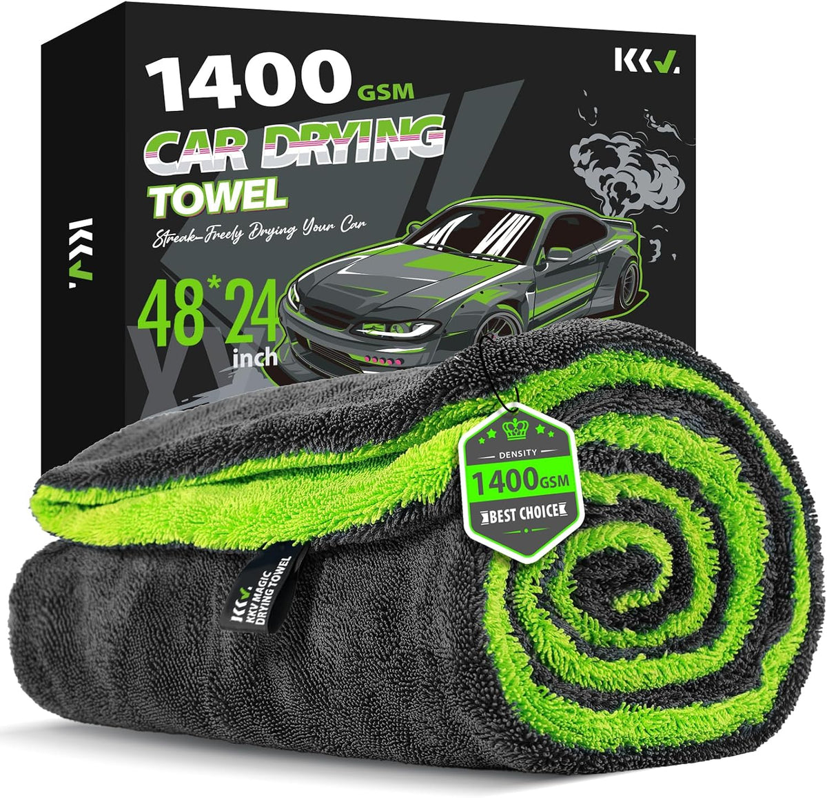 KKV Full-Sized SUV Drying Towel, 48”x24” Dual Sided Microfiber Car Cleaning Towel with Twisting Yarn Technique, 1400GSM Super Absorbent, Scratch-Free, Machine Washable (LightGrey-MarineBlue)