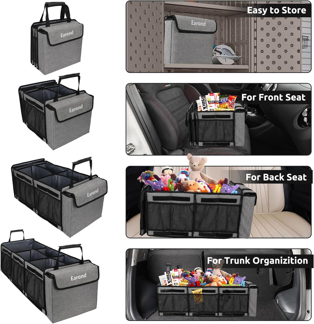 Collapsible Trunk Organizer with Insulated Leakproof Cooler Bag,Removable Lid,Adjustable Securing Straps,3 Compartments Trunk Organizer for SUV,Truck,Sedan(Light Grey)