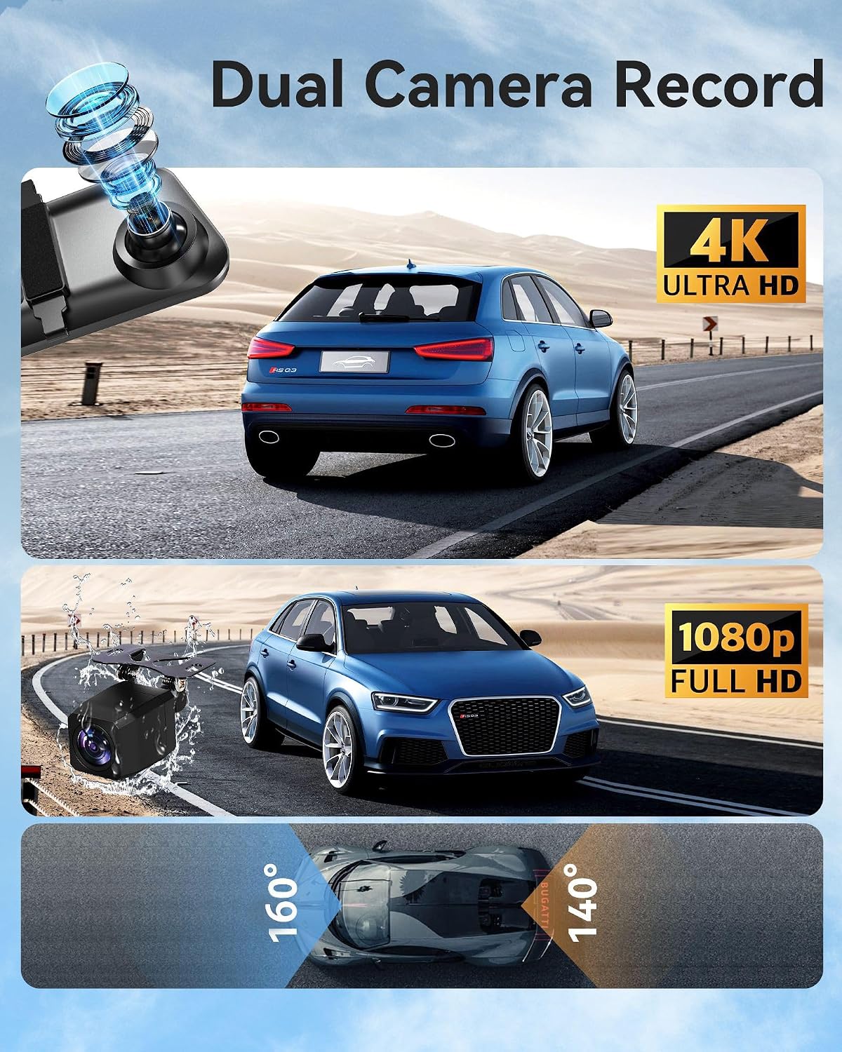 4K Rear View Mirror Camera with Carplay&Android Auto 12" Mirror Dash Cam