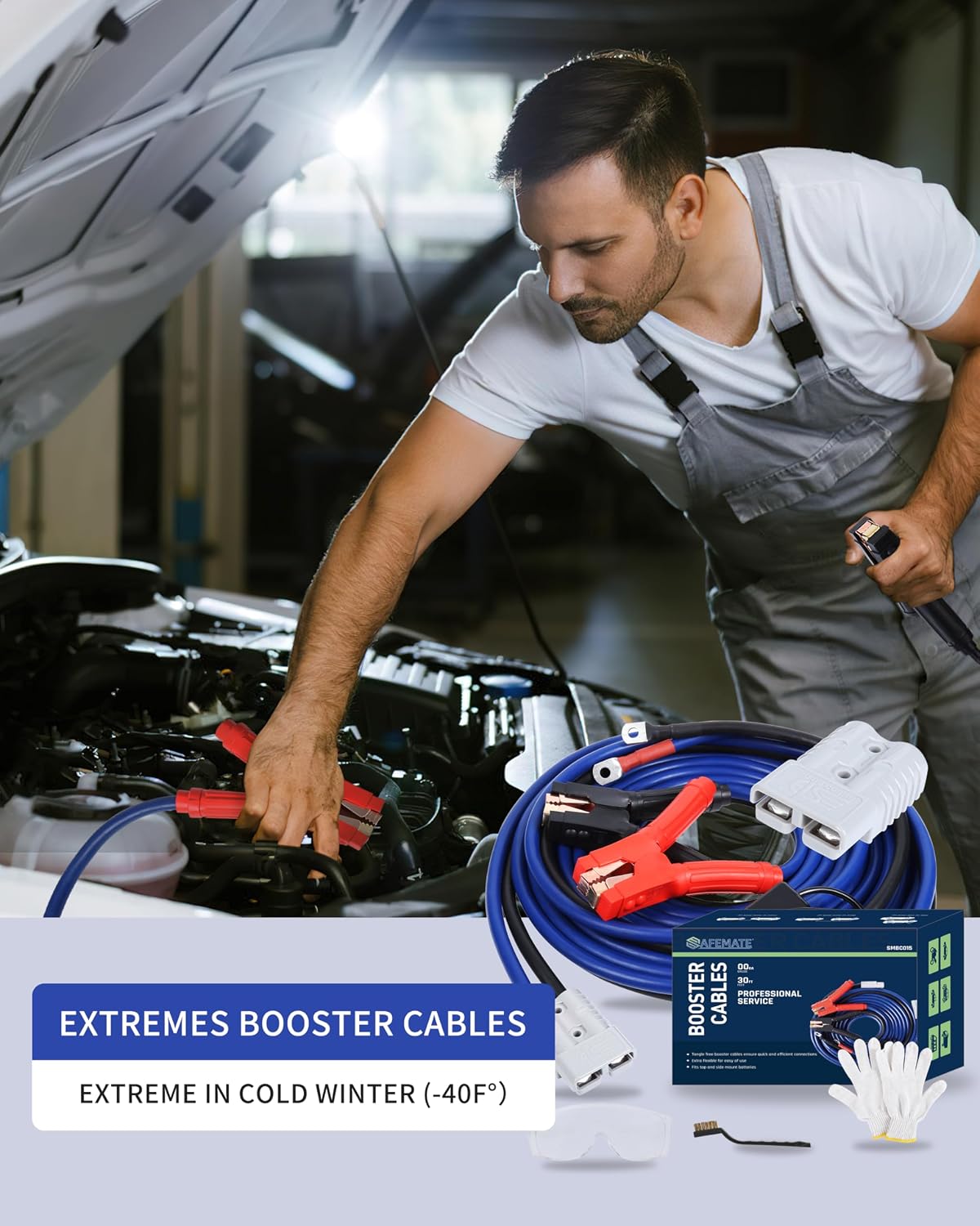 SAFEMATE 2/0 Gauge 30 FT Heavy Duty Jumper Cables - 1500Amp Booster Jumper Cable for Car, SUV and Trucks Battery - Quick Connect, Blue