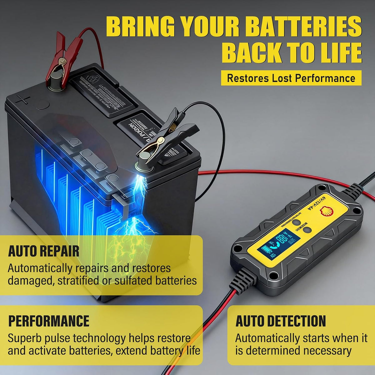 Shell Car Battery Charger 6V/12V- Smart Battery Charger 4A/1A with LCD Display, Automatic Lithium & Lead-Acid Trickle Charger Maintainer & Desulfator for Car Motorcycle Lawn Mower Boat Deep Cycle