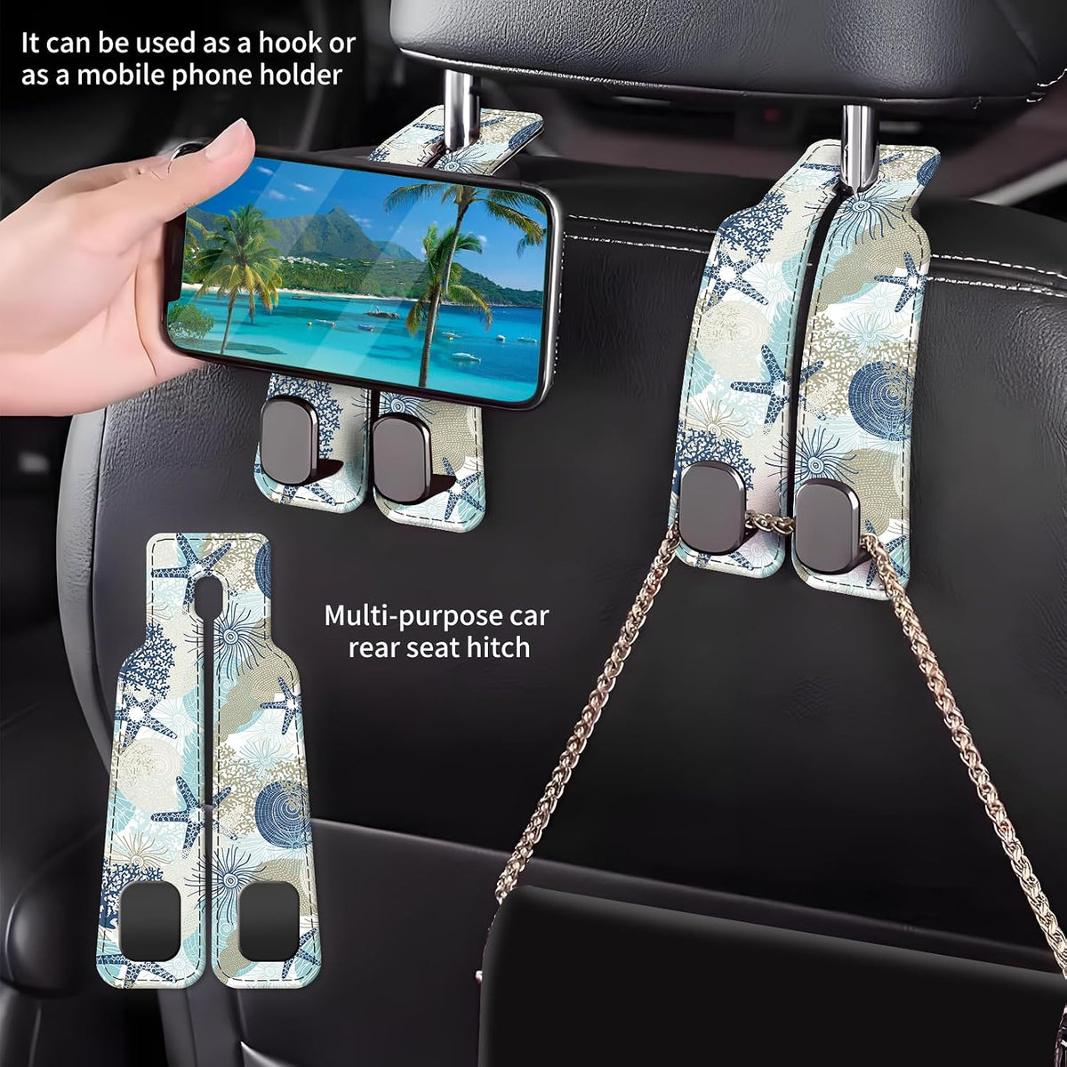 Car Seat Back Storage Headrest Hook, Premium Leather Double Metal Hook, Hanger Storage Organizer for Purse Cloth Bag, Car Interior Accessories Funny Colorful Seastar