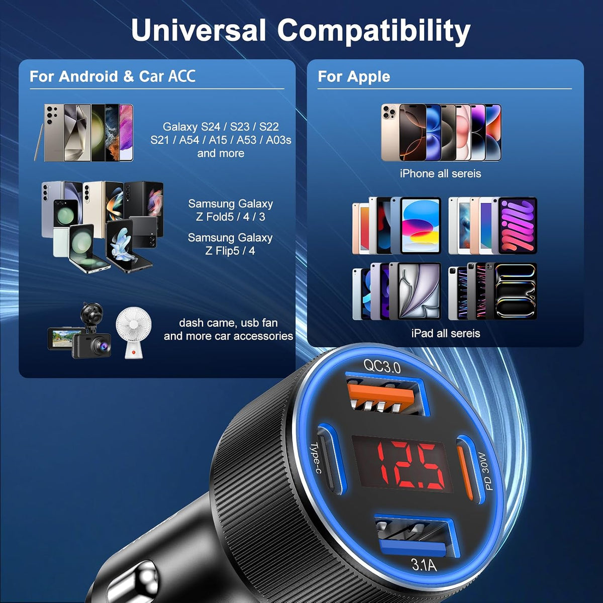 Car Charger USB C with Voltmeter, 4 Ports Cigarette Lighter USB Charger