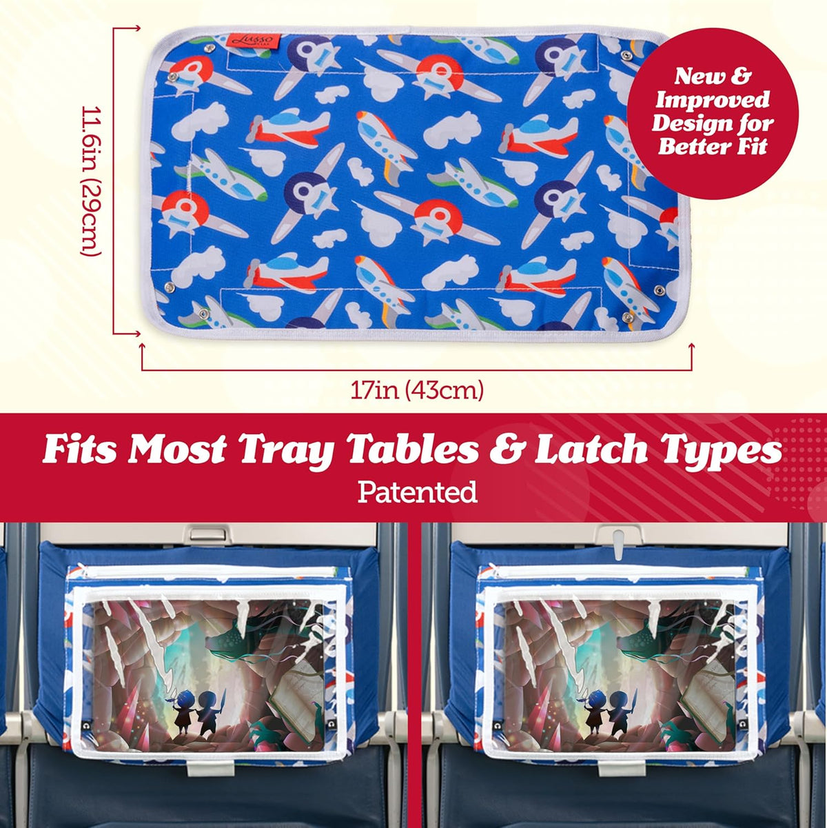 Lusso Gear Kids Airplane Tray Table Cover - Storage Pockets for Toddler Toys & Snacks - Kids Travel Essentials & Organizer - Portable Fit for Most Airplane Trays - Dinos