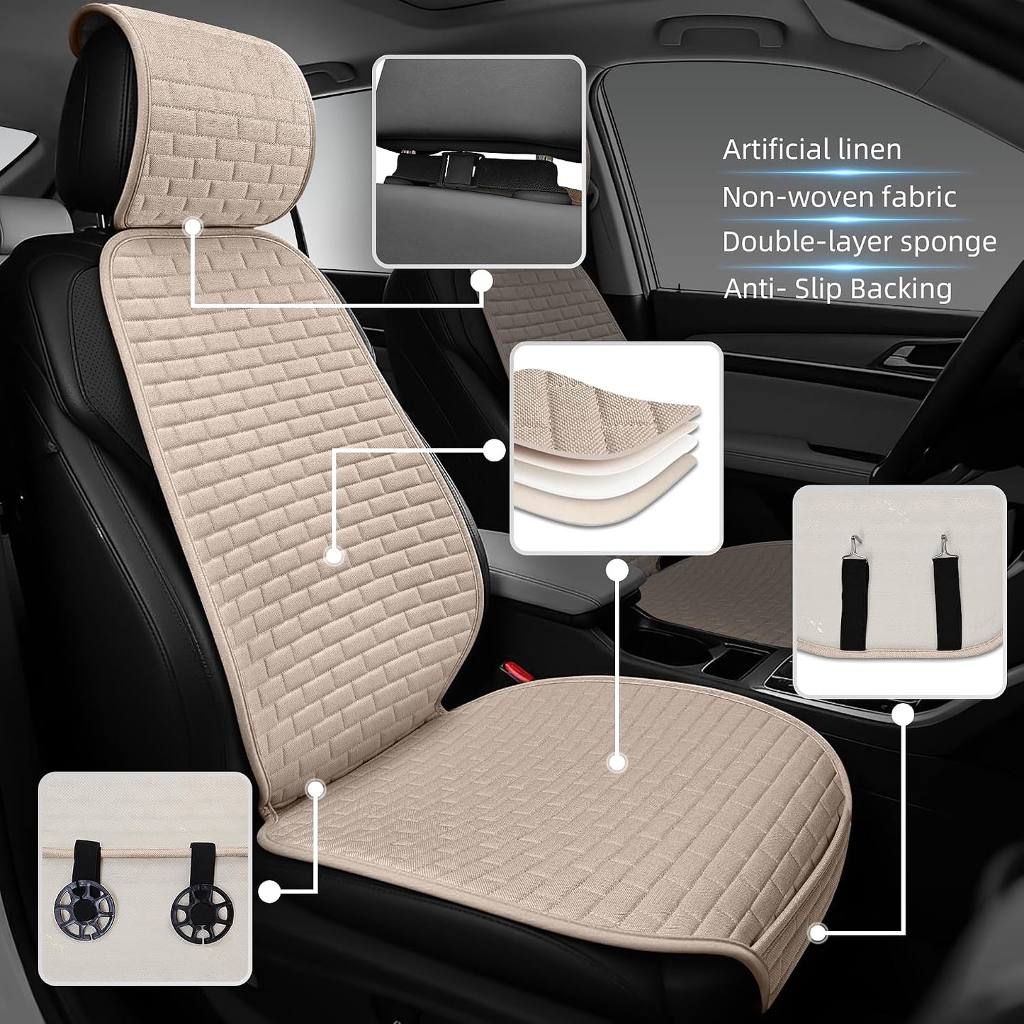 Linen Car Seat Covers Front Seat Covers - 2 PCS Durable & Non-Slip Breathable Cloth Fabric Car Seat Protector, Universal Fit for Most Automotive, Vans, SUVs, Trucks - Beige
