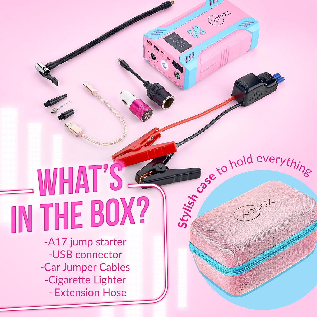 XoooX A17 Portable Car Jump Starter Kit with Built-in Tire Pump; Jumper Cables with 12V Jump Start Battery Pack; Portable Battery Charger for USB/USB-C Devices; LED Light and Hard Case