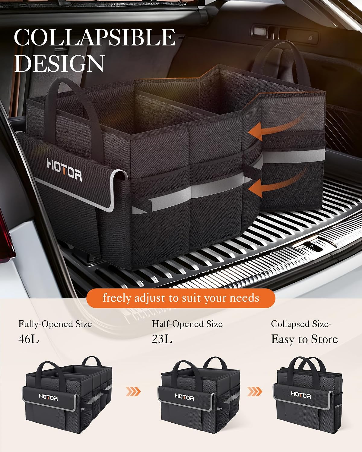 HOTOR Trunk Organizer - Car Organizer with 5 Pockets, Trunk organizer for SUV, Sedan &amp; Van, Car Organization with Sturdy Base Panel for Car Accessories, Black, 2 Compartments, 21.3"×12.6"×10.6"