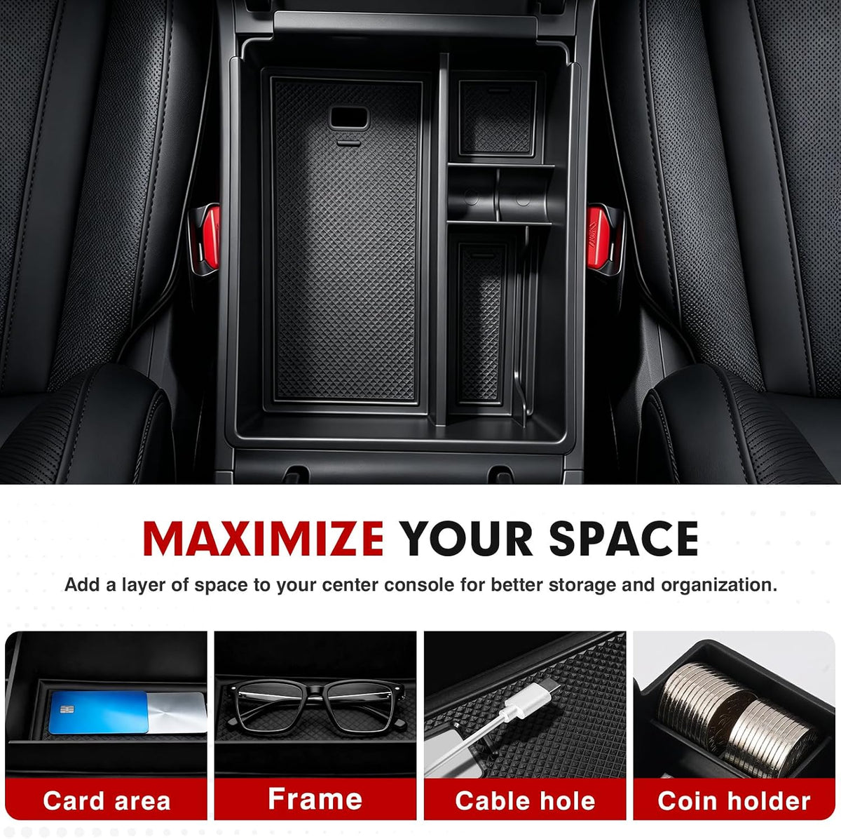 Autorder Center Console Organizer for 2022-2026 Hyundai Santa Cruz Accessories Car Armrest Storage Box Middle Console Tray Container with Black & Red Non-Slip Silicone Mats