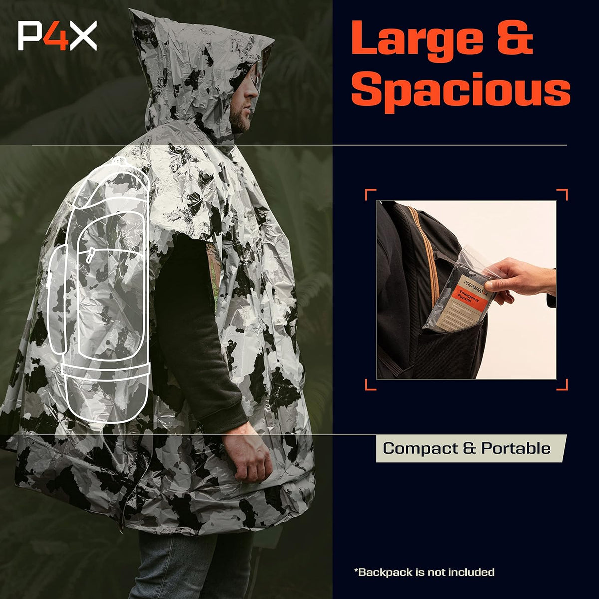PREPARED4X Emergency Mylar Poncho – Survival Rain Poncho with Hood – Lightweight, Compact, Reusable Emergency Blanket Poncho for Hiking, Camping, Thermal Gear, Car Kit, Outdoors