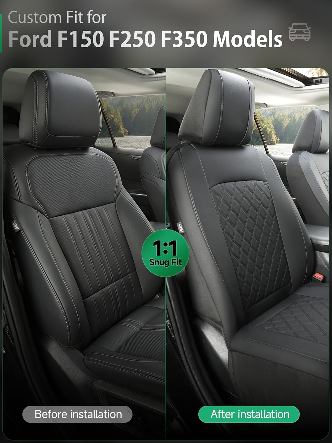 GIANT PANDA Front Car Seat Covers for 2009-2026 Ford F150,2017-2026 F250 F350 Super Duty Crew Cab SuperCrew SuperCab Pickup Trucks,Faux Leather 2-Pack (Solid Black)