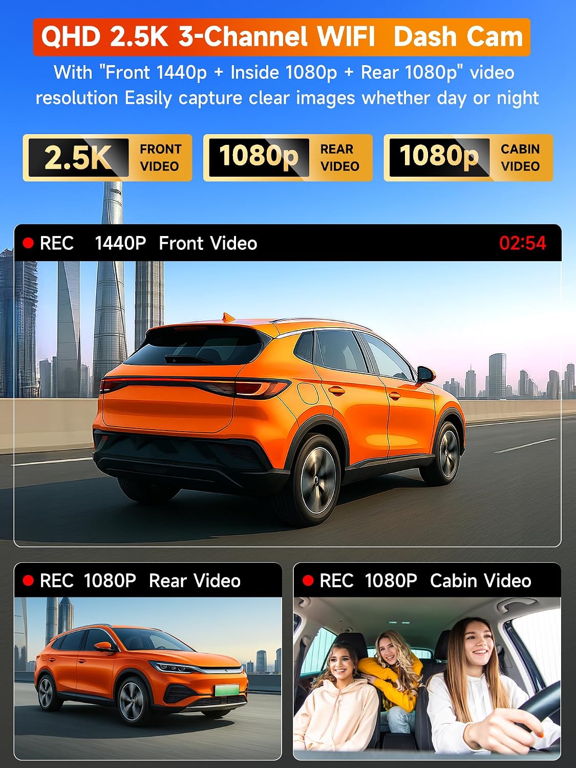 3 Channel Dash Cam Front and Rear Inside, 2.5K Front Cabin Recorder with Super Night Vision, WiFi App Control, Loop Recording, G-Sensor, 24H Parking Mode Dash Camera for Commuters & Family SUV