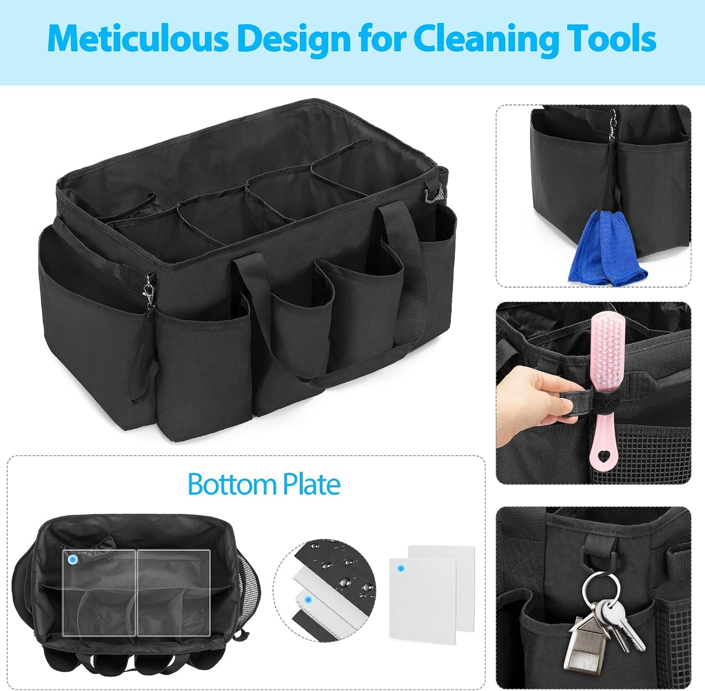 HODRANT Extra-Large Cleaning Caddy with Handles & Multi Pockets | Large Capacity Tote Bag for Cleaning Tools & Products Storage, Cleaner Organizer for Car, Home & Housekeeping Work, Black