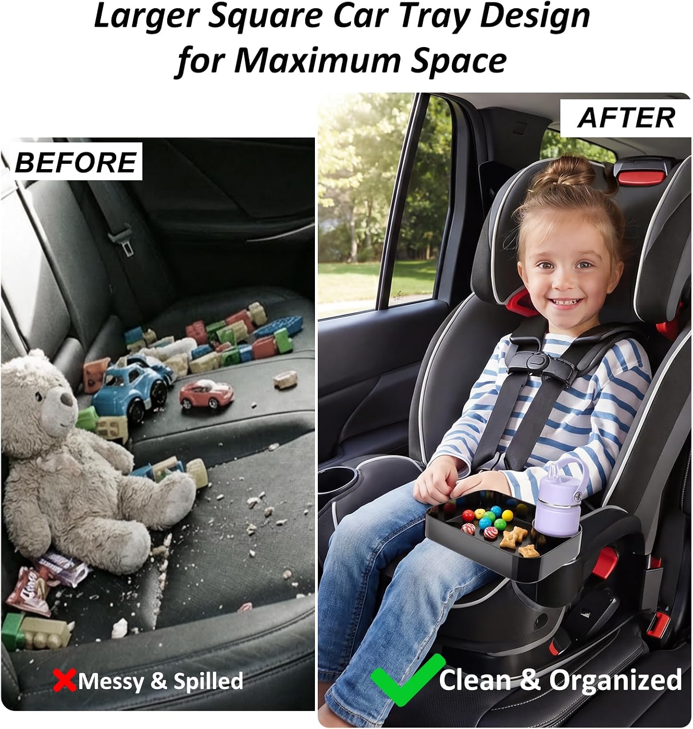 Car Seat Snack Tray for Kids, Mess-Free Square Travel Tray Cup Holder Snack Tray, Durable Car Food Tray for Toddlers, Fit Kids Travel Road Trip Essentials (1, Black)