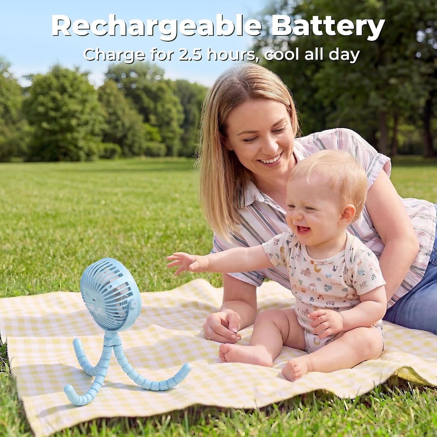 AMACOOL Battery Operated Stroller Fan, Baby Travel Essentials for Beach Disney, Newborn Boy & Girl Showers Gifts Registry Search, Flexible Tripod Clip On Fan for Car Seat Wagon Crib Bike Treadmill