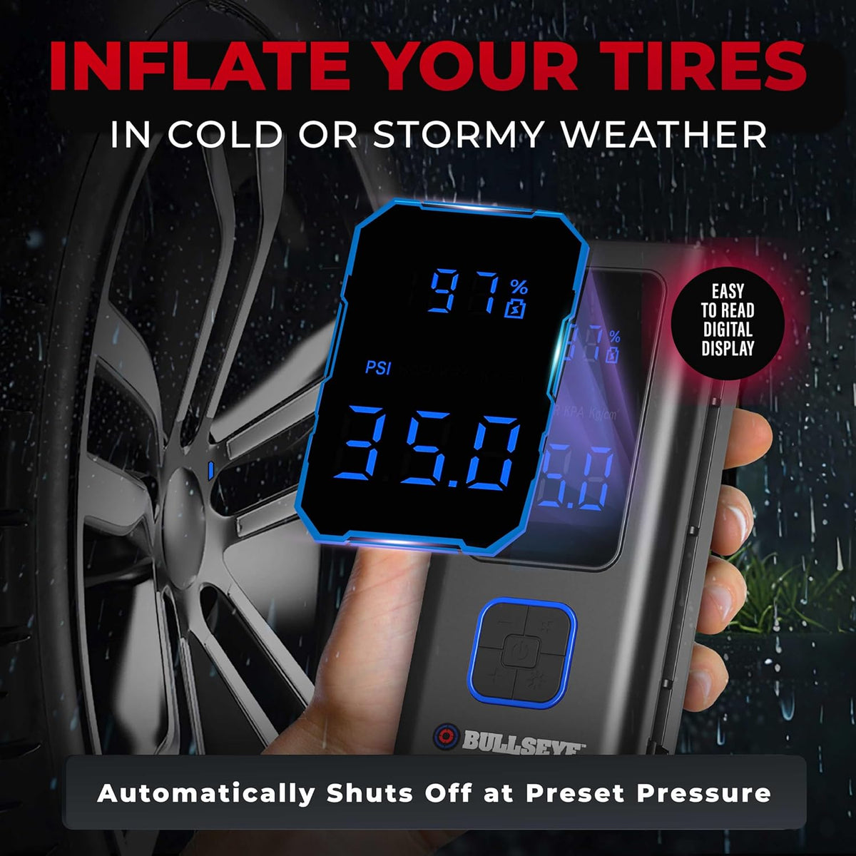 POCKET AIR Tire Inflator Portable Air Compressor by BULLSEYE for Tires, Balls, Bike with Persta Valve, Auto Shut Off, Inflates in 2 Min, Cordless Rechargeable 4000MAH,100 PSI, SoS Light