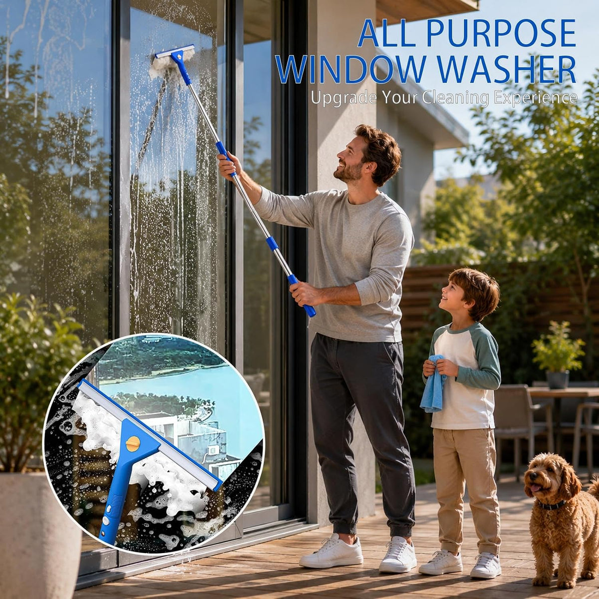 Professional Window Cleaning Kit, 76" Long Handle Window Long Handle Window Squeegee and Microfiber Scrubber, Suitable for Professional Window Cleaning in Cars, Outdoors, Homes and Businesses