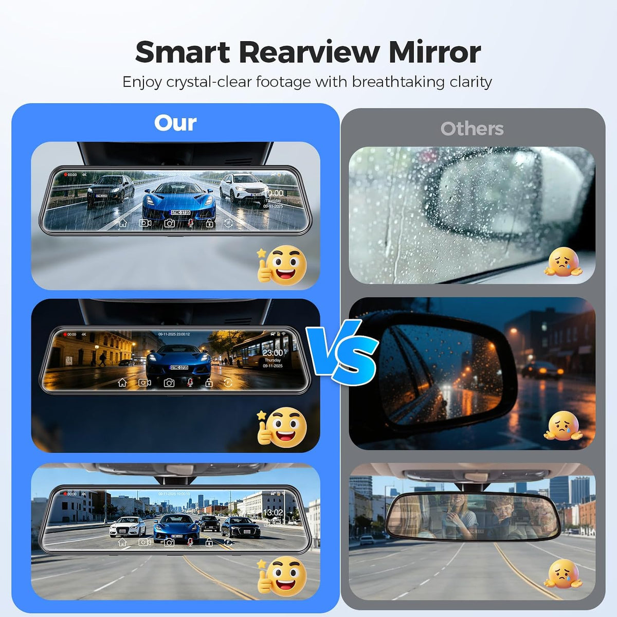 Mirror Dash Cam, 12 Touch Screen, 4K Front + 2.5K Rear Camera