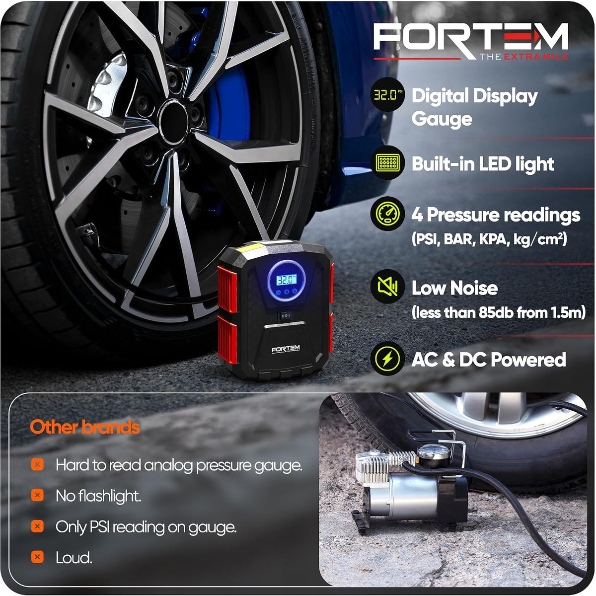 FORTEM Tire Inflator Portable Air Compressor, Air Pump for Car Tires and Bikes, Car Tire Pump w/Auto Shut Off, 150 PSI, 110V AC 12V DC, LED Light, Carrying Case, Perfect for Men, Women
