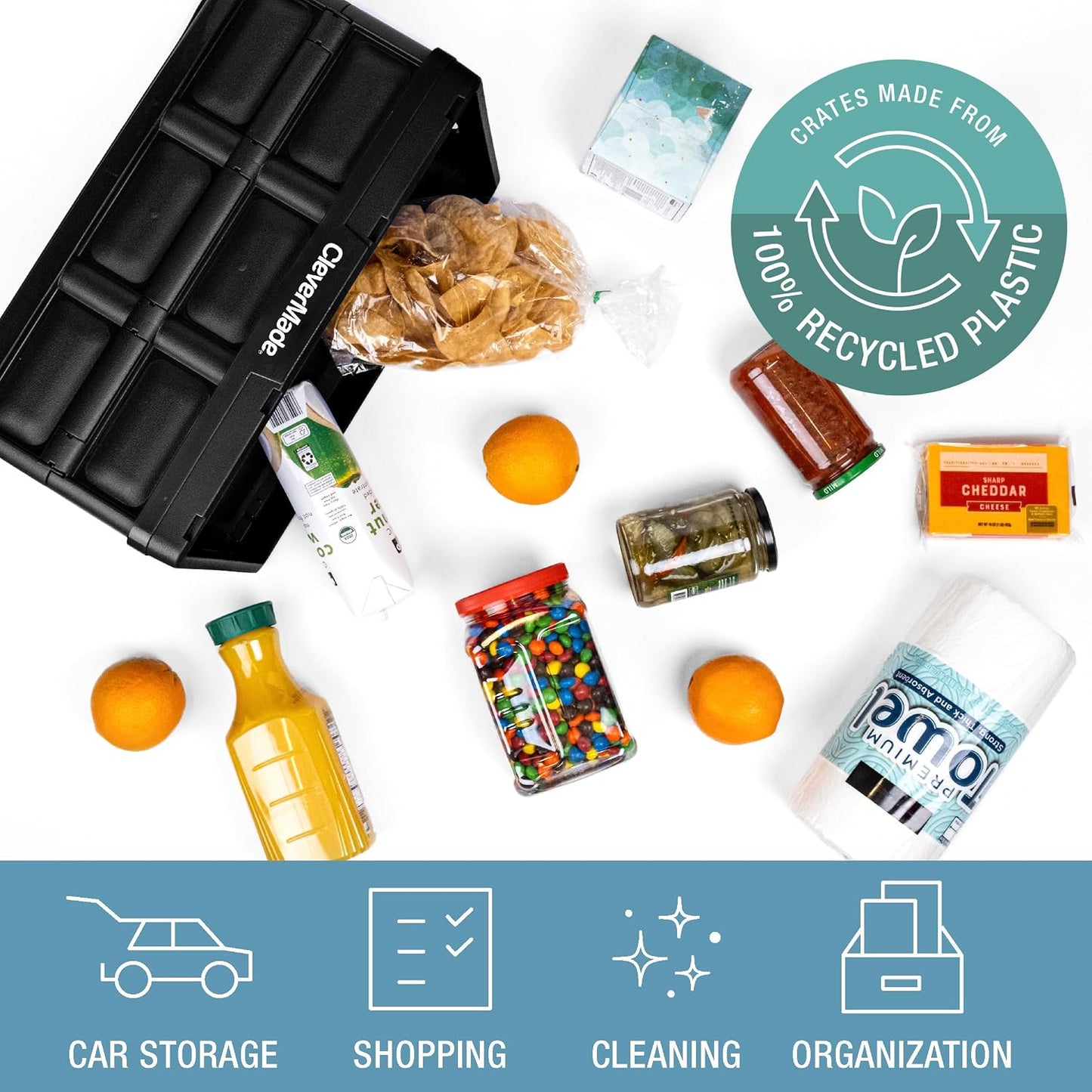 CleverMade Collapsible Storage Bins, 32L 3 Pack, Durable Plastic, Obsidian | Built-in handles simplify garage, car and household organization, while the roomy open-top keeps bulky supplies accessible