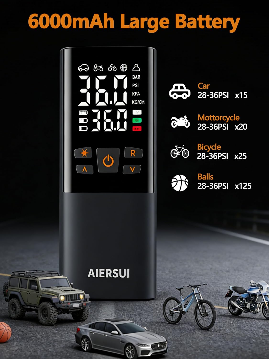 Tire Inflator Portable Air Compressor, Cordless 5-in-1 Smart Pump for Sedan/Motorcycle/Bike, 150PSI Auto-Stop, 6000mAh Power Bank, Lightweight with Digital Display, AS805