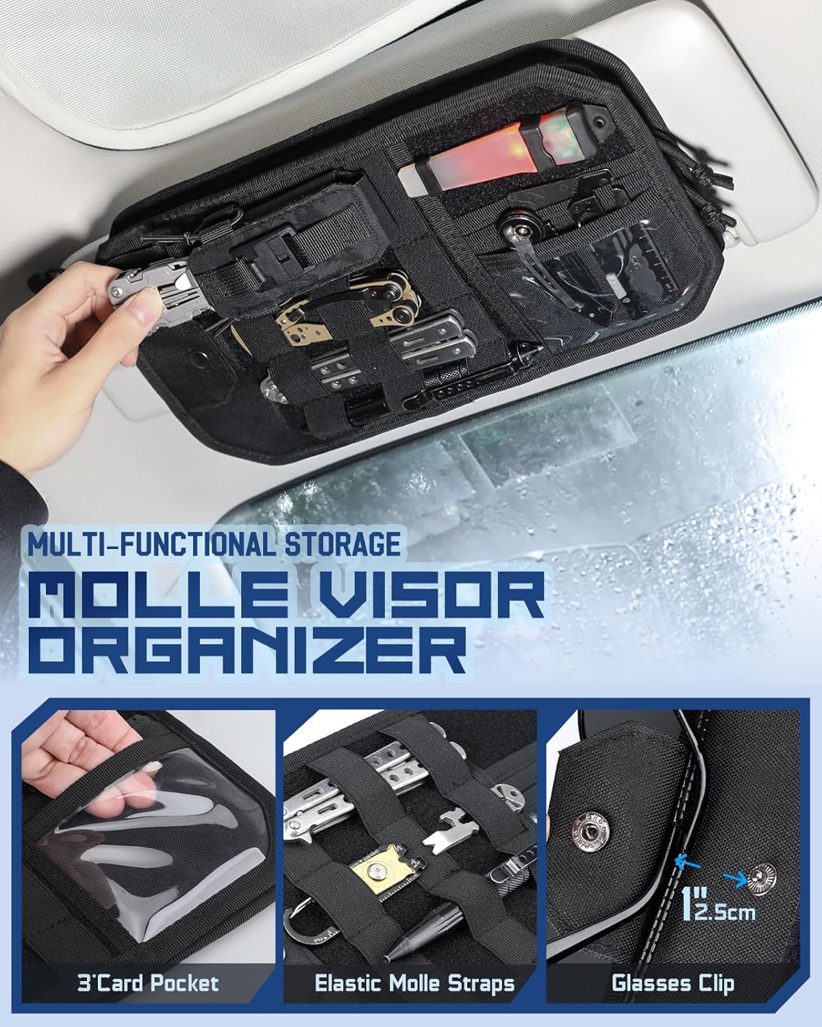 Molle Car Sun Visor Organizer, Fit Most Car Truck Patrols Van SUV | Auto Accessories Semi-Rigid MOLLE Panel, with Zipper Storage Pouch, Glasses Holder, for Gears Road Trip Daily Driving