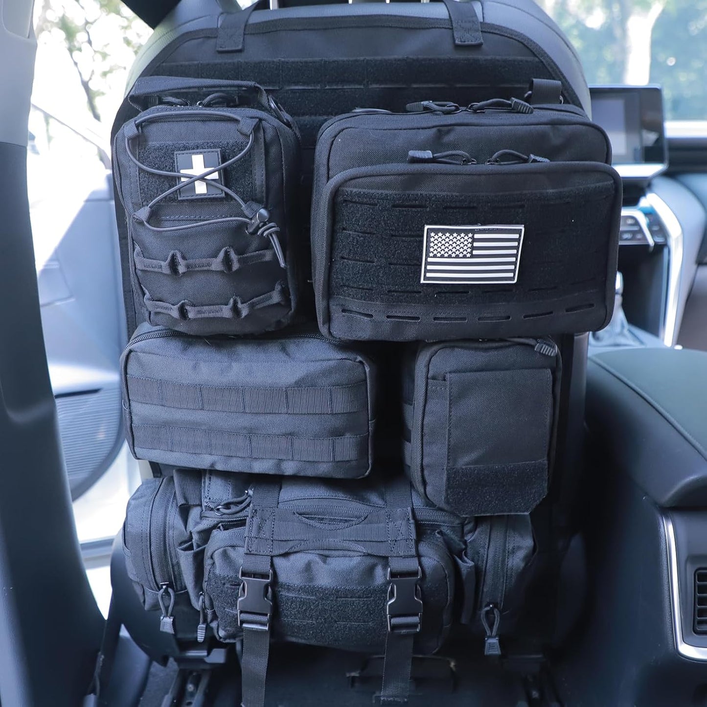 Universal Tactical Car Seat Back Organizer Bag Tactical Molle Vehicle Organizers Panel Vehicle Protector Organizers with 5 Detachable Pouches for Car Truck Ford Jeep (Upgraded C model Black)