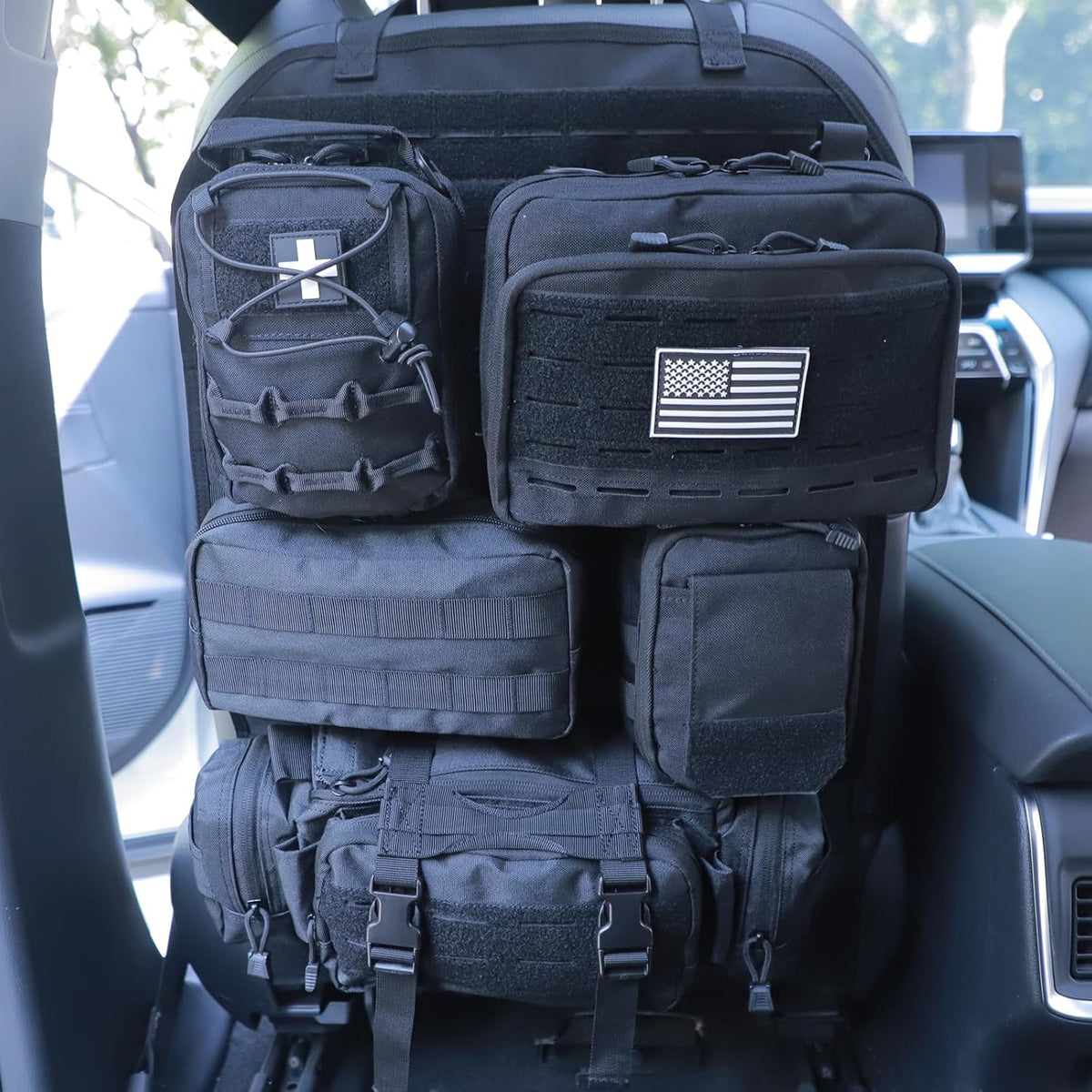 Universal Tactical Car Seat Back Organizer Bag Tactical Molle Vehicle Organizers Panel Vehicle Protector Organizers with 5 Detachable Pouches for Car Truck Ford Jeep (Upgraded C model Black camo)