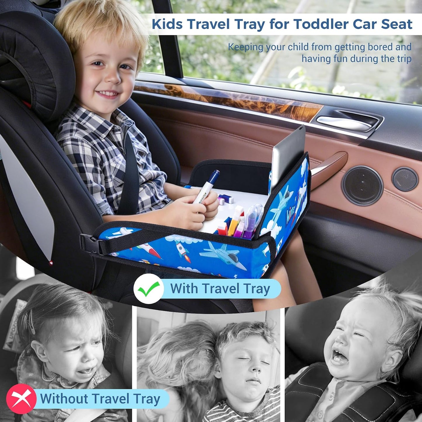 COOLBEBE Kids Travel Tray for Toddler Car Seat, Travel Tray for Airplane, Toddler Car Seat Lap Tray, Carseat Table Tray for Kids Travel Activities (Blue Plane)