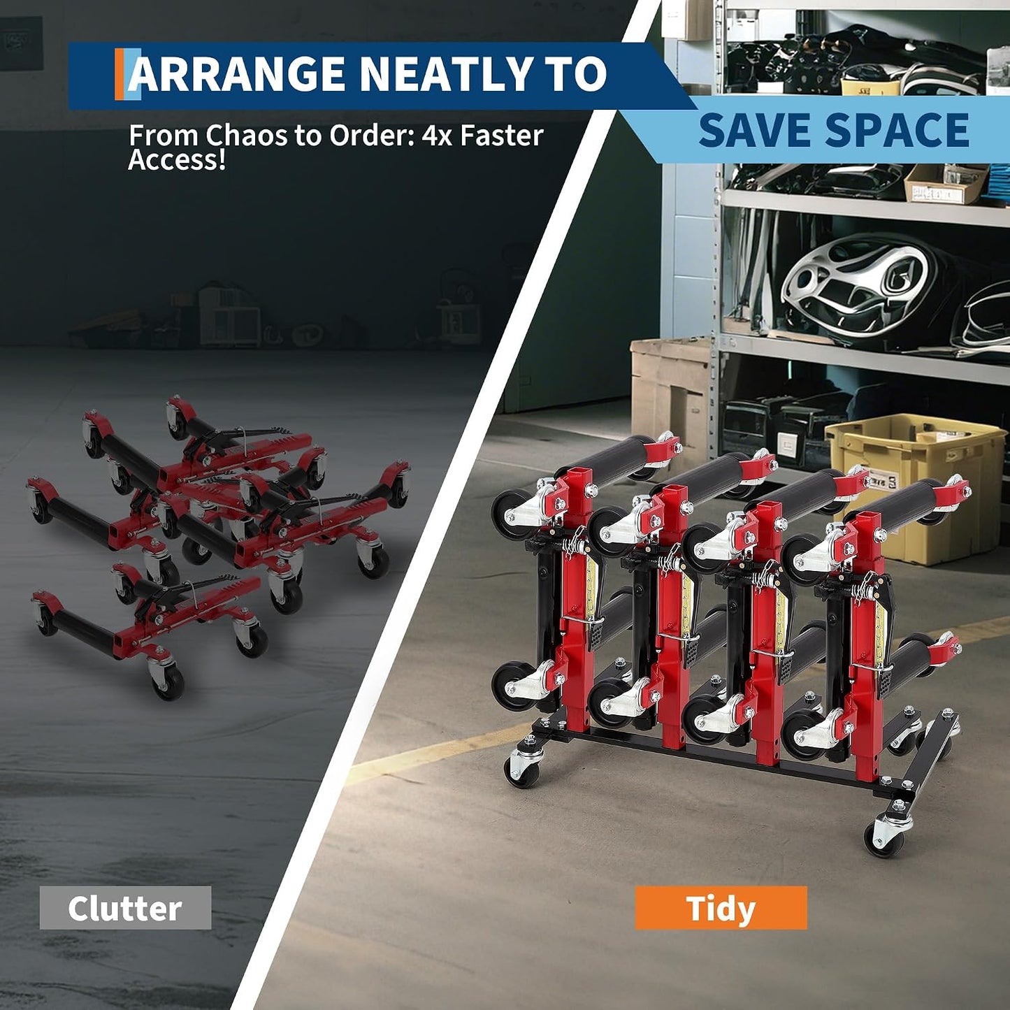 Heavy-Duty Car Dolly Storage Rack with 360° Swivel Casters, 4-Wheel Dolly Holder for Universal Fit, Jack Stand Organizer for Garage and Auto Shop, Durable Workshop Solution