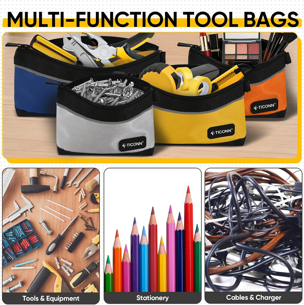 TICONN 6PK Tool Pouches with Zipper, Waterproof 1680D Oxford Small Tool Bag