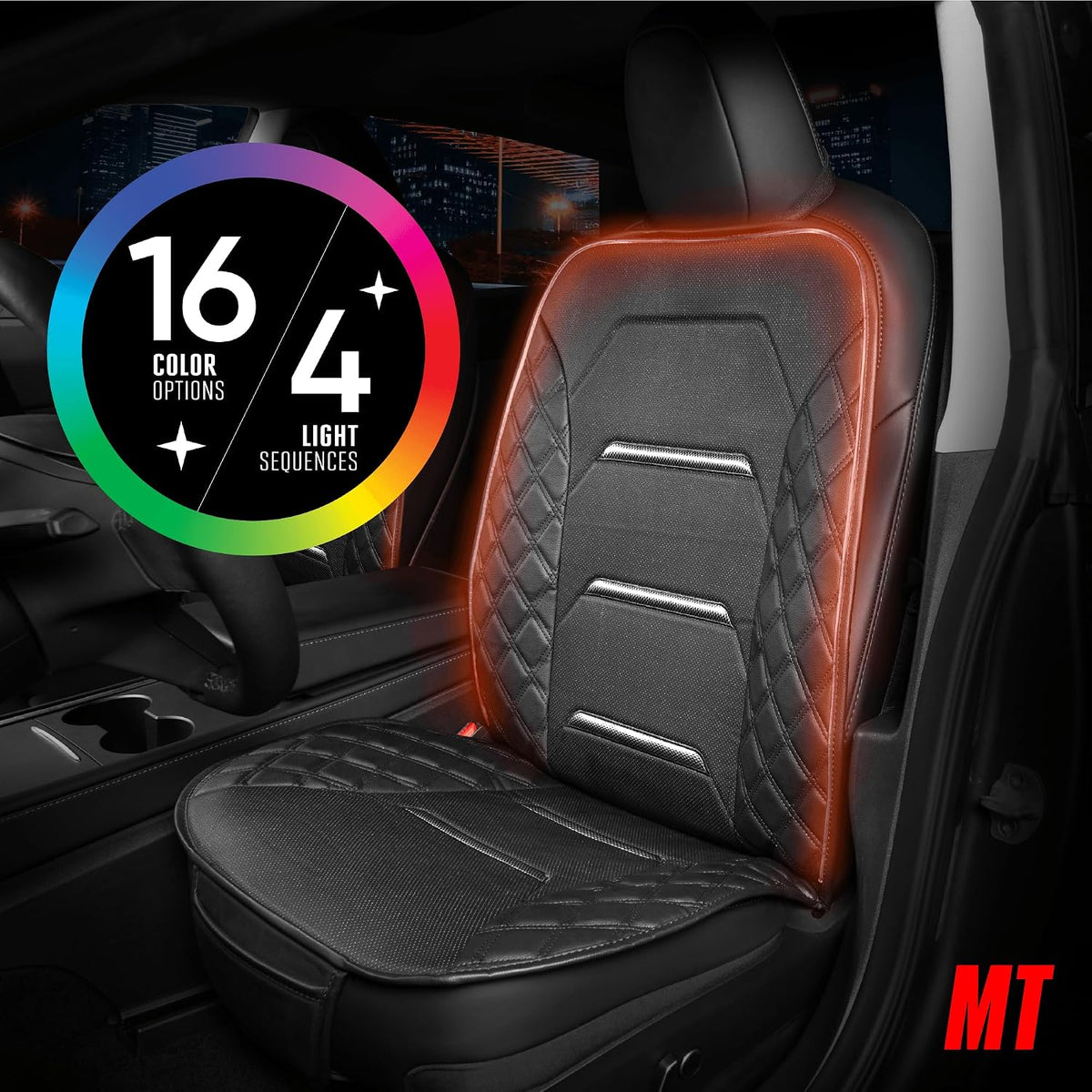Motor Trend RGB LED Car Seat Protector with Remote — Color-Changing Front Seat Cover, 4 Modes (Music Sync, Pulse, Fade, Static), Universal Fit, Faux Leather Trim, Waterproof & Easy Install