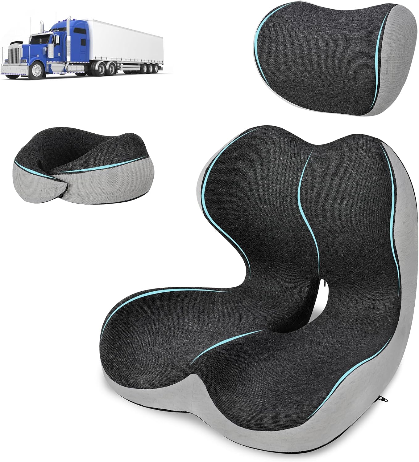 Truck Driver Seat Cushion Set - Memory Foam for Lower Back & Sciatica Pain Relief - Ergonomic Headrest Neck Pillow for Semi Truck & Car Dark Gray