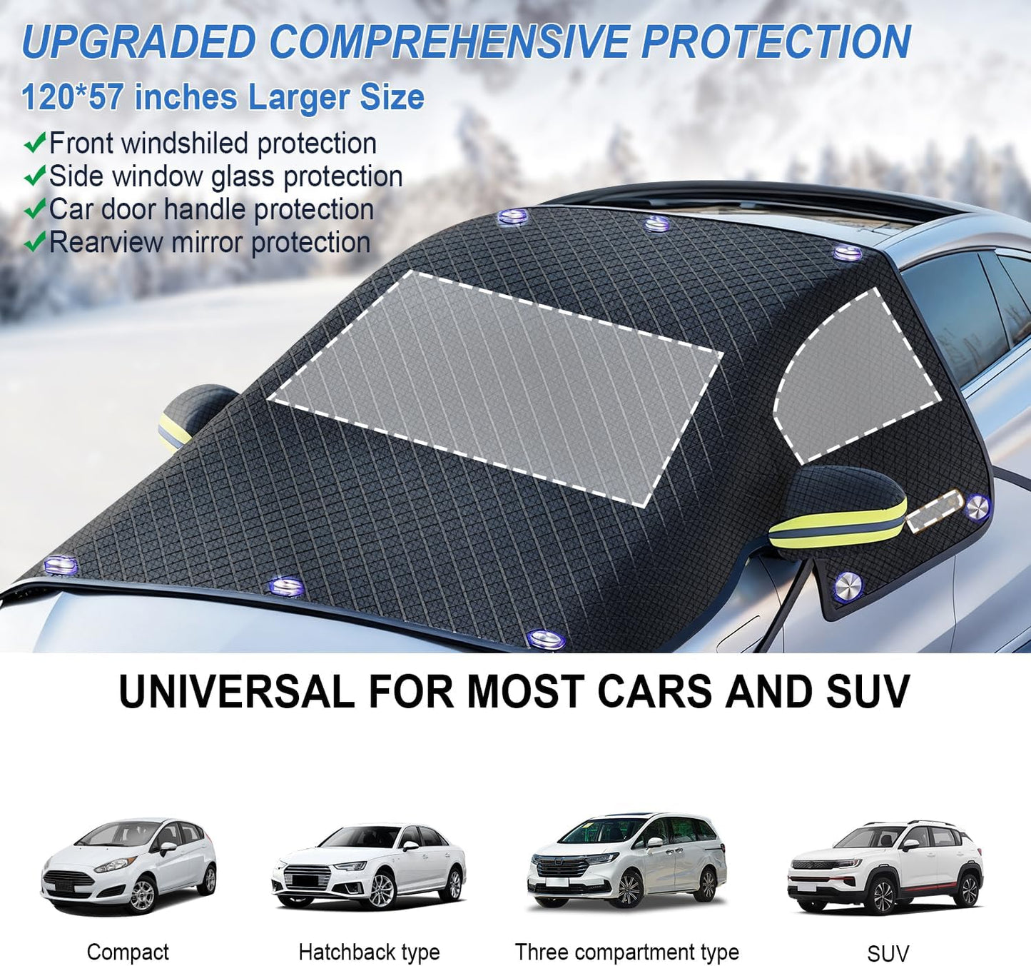 Universal Winter Magnetic Car Windshield Cover for Ice and Snow Prevention - Automotive Protector Featuring Side Window & Rearview Mirror Shields, Suitable for Most Sedans and SUVs
