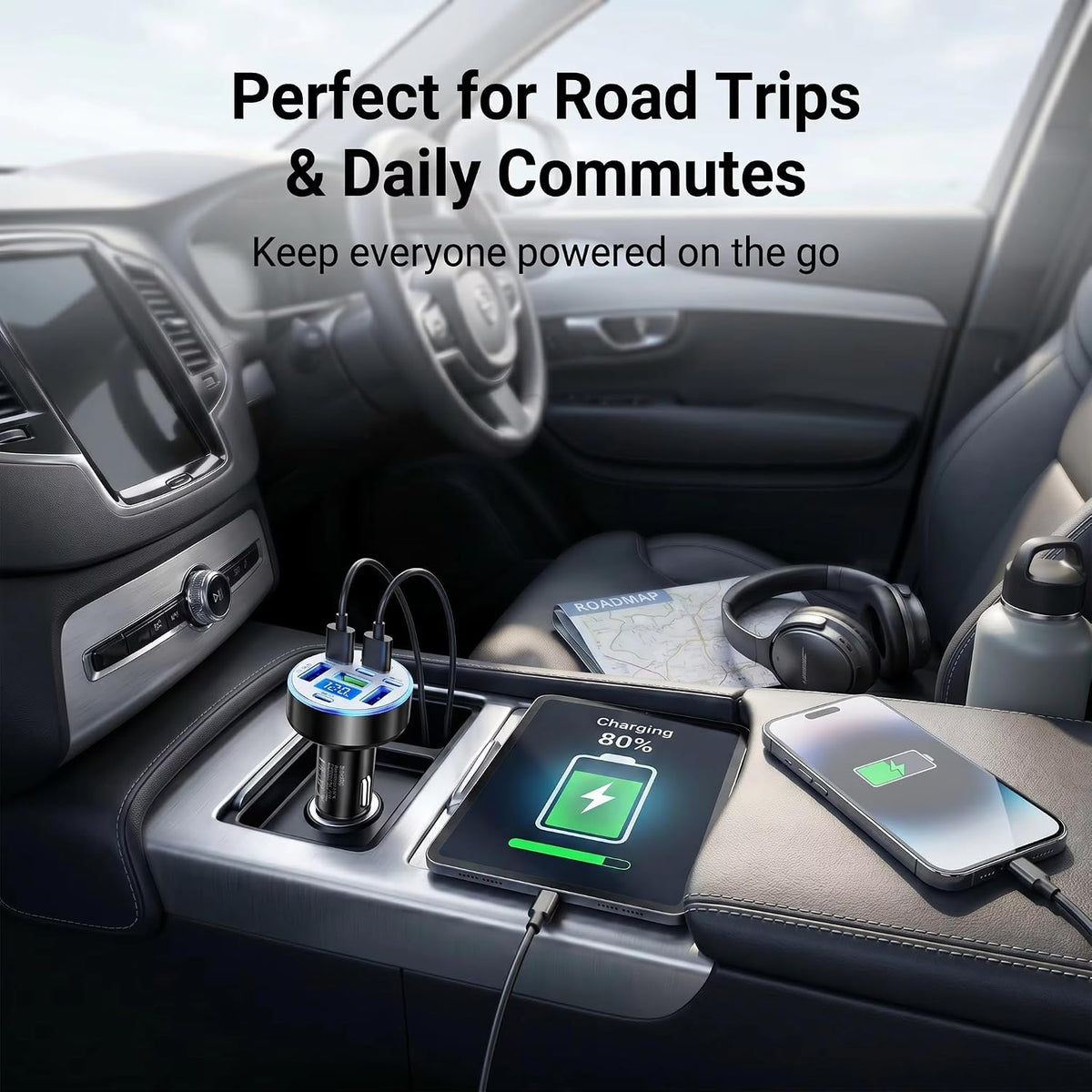 8 Port USB C Car Charger with Real-Time Voltage Display, Multi Port 12V/24V Cigarette Lighter USB C & USB A Charger Adapter, Fast Charging with Blue LED for iPhone, Samsung, iPad, Tablets